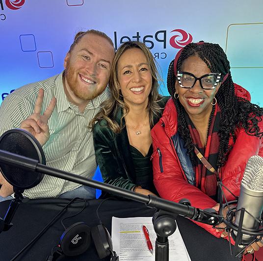 Patelco Employees Veronica Dangerfield, Michele Enriquez and Andrew Farrell at the podcast desk.